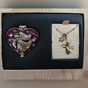 Monet Gold and Red Heart Angel Necklace Set